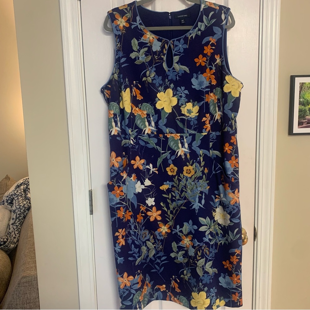 18 T size Tall Lands End Cotton Blend Dress Women Zip Back Botanical floral
